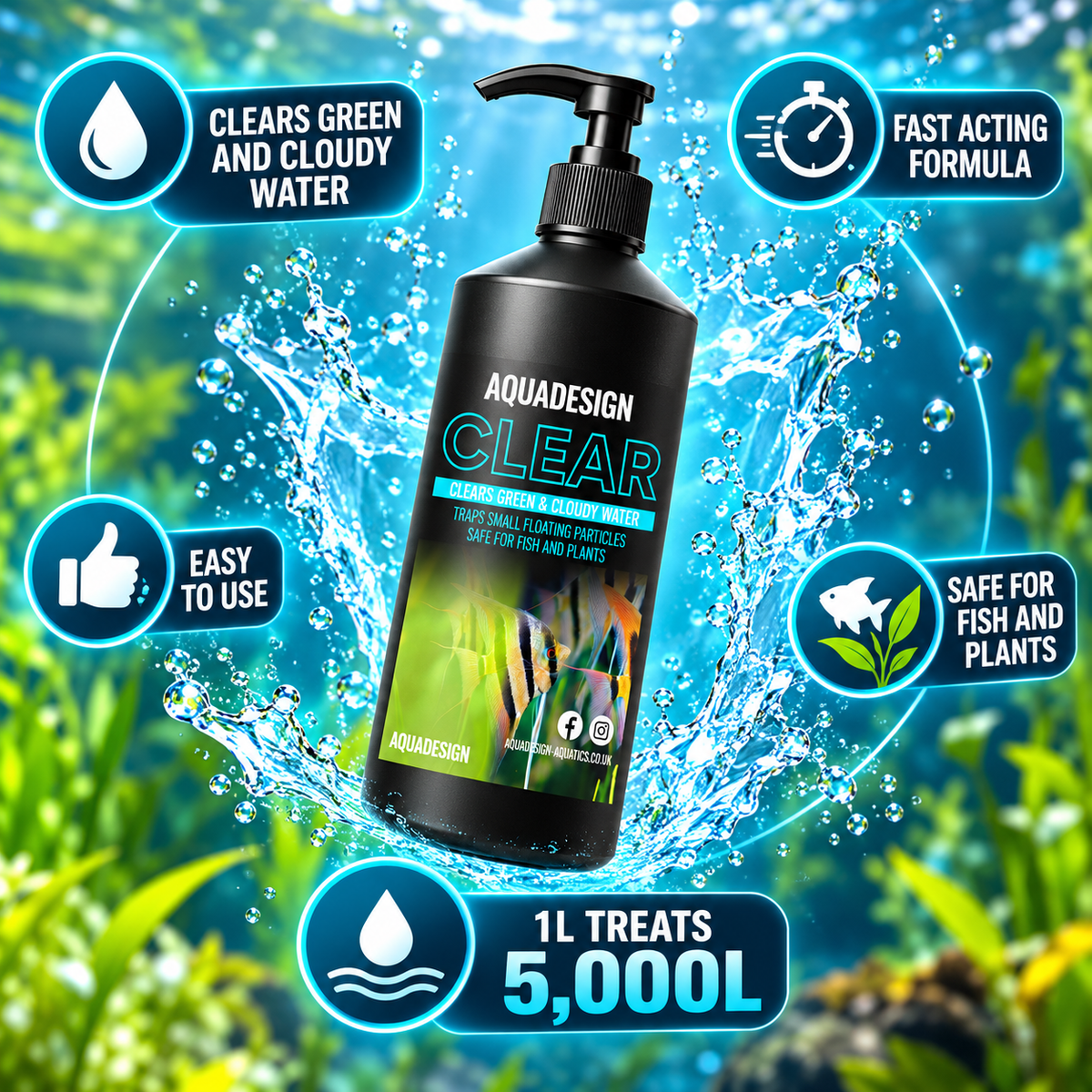 Aqua Design CLEAR Aquarium Water Clarifier 1000ml - Leaves Water Crystal Clear - Treats 5,000L