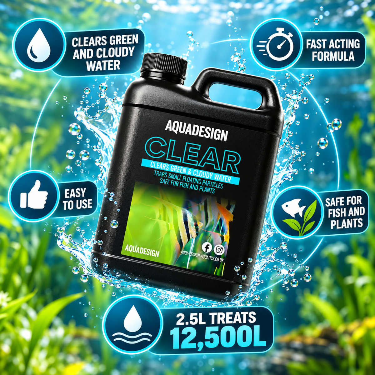 Aqua Design CLEAR Aquarium Water Clarifier 2500ml - Leaves Water Crystal Clear - Treats 12,500