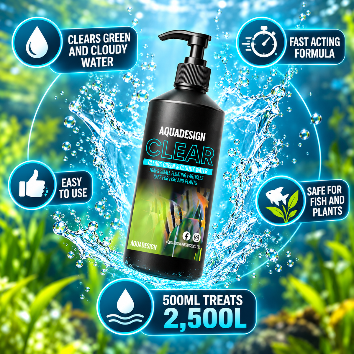 Aqua Design CLEAR Aquarium Water Clarifier 500ml - Leaves Water Crystal Clear - Treats 2,500L