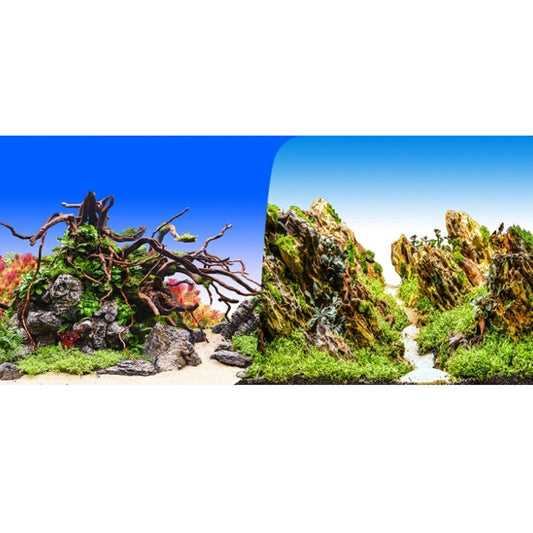 Aquarium Background Vinyl / Paper - Wood Plants Rocks - Double Sided - 60cm Tall (Per FT)